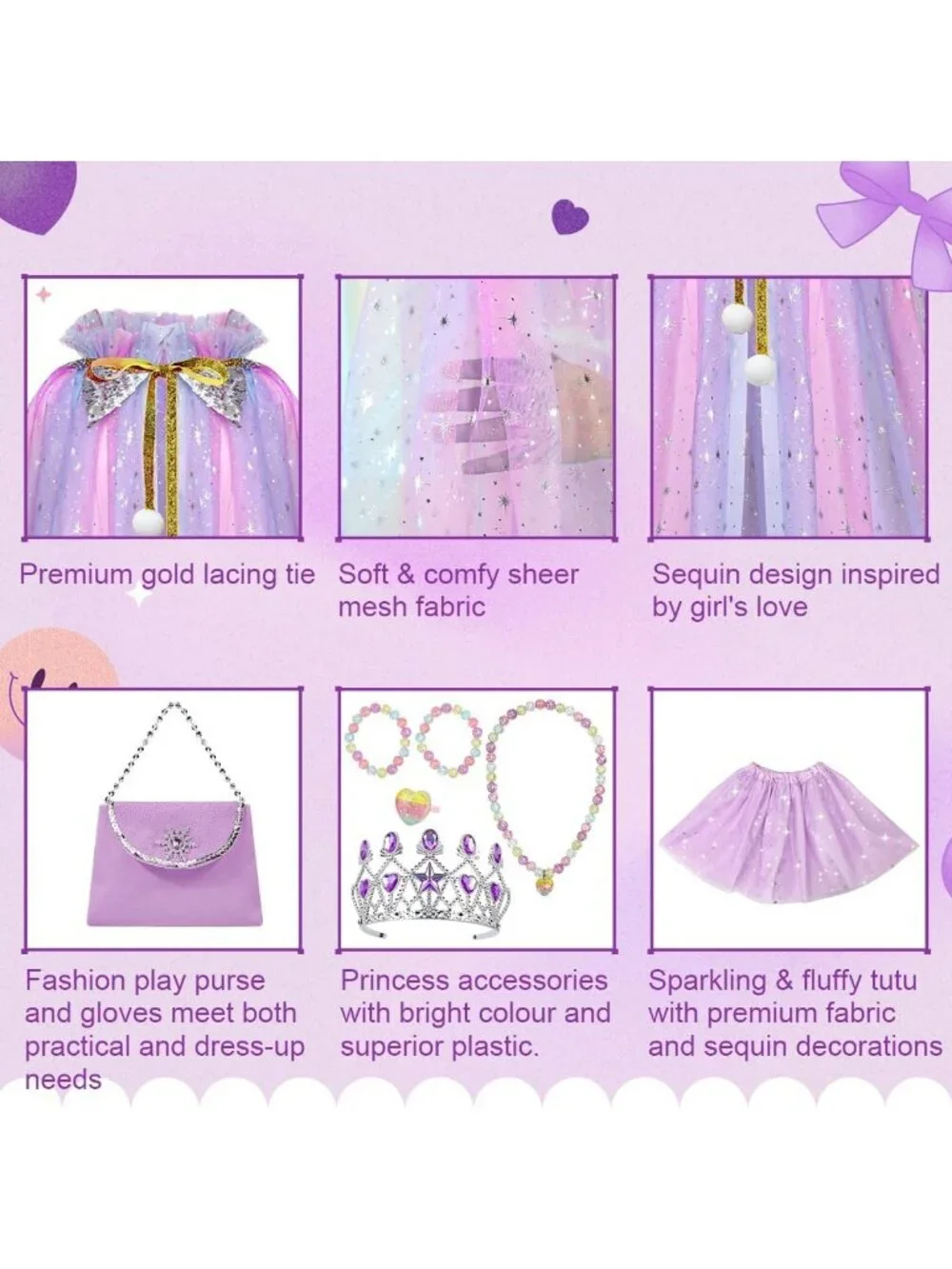 Princess Dress Up Cape with Crown & Tutu Costume Set for Girls Ages 3-8-Purple